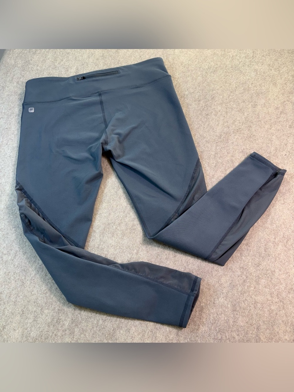 Fabletics Workout Leggings in Charcoal Gray with Mesh Inserts & Back Zip Pocket